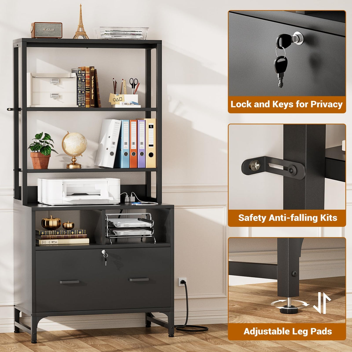 Black File Cabinet with Charging Station X8610