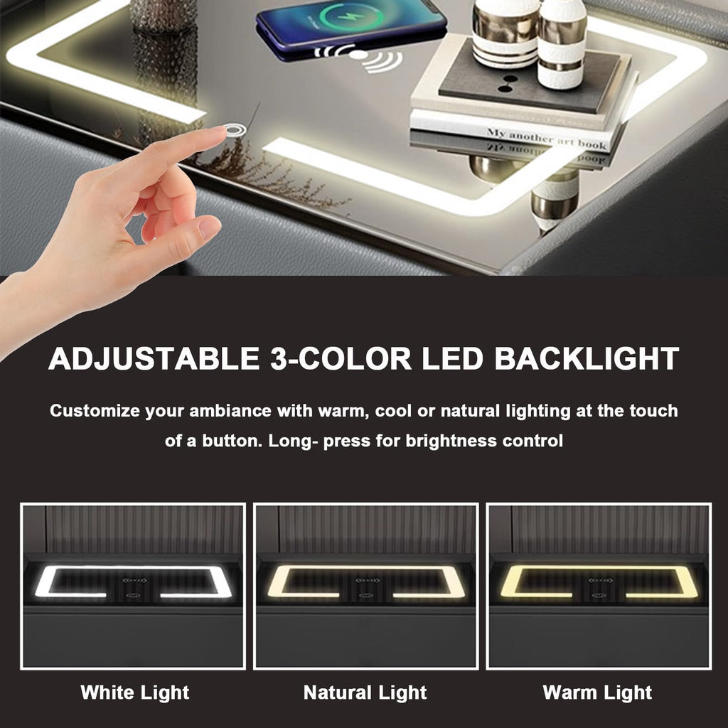 White 3 Drawer LED Nightstand with Wireless Charging V96346