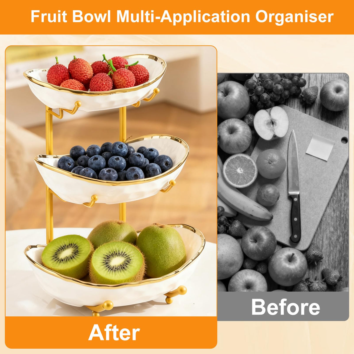3 Tier Ceramic Fruit Bowl with Gold Metal Stand T3757