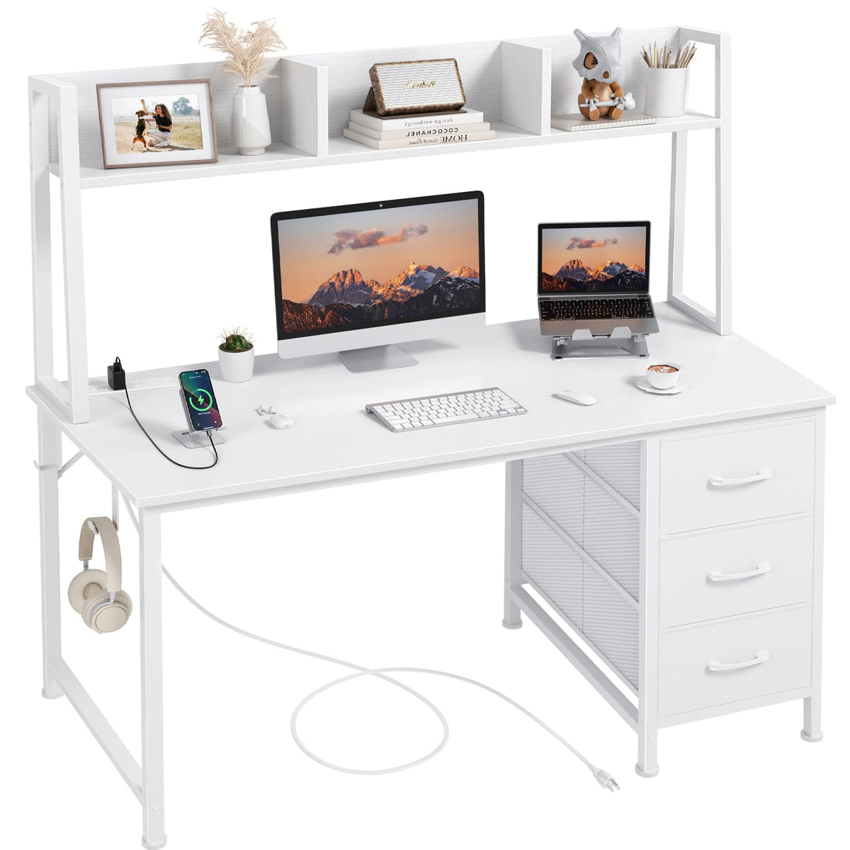 White Computer Desk with Hutch & Drawers 47 Inch L90279