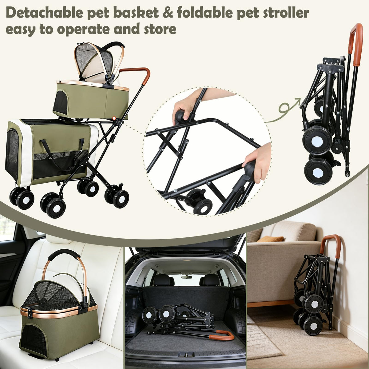 Foldable Double Pet Stroller with Detachable Carriers and 4 Lockable Wheels A736097
