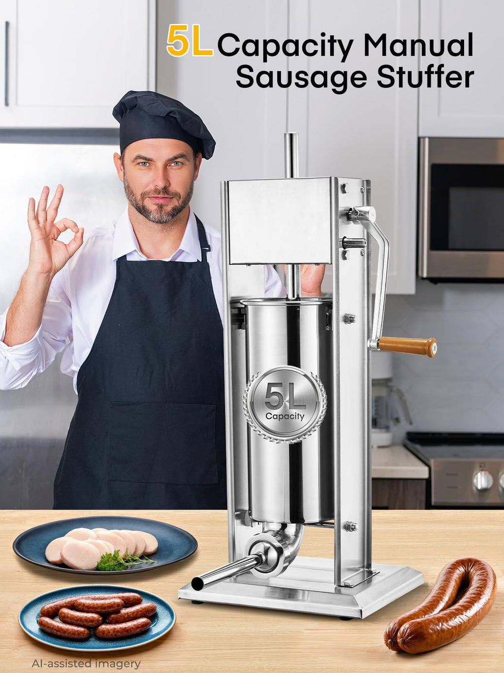 5L Stainless Steel Manual Sausage Stuffer with 4 Stuffing Tubes R2861