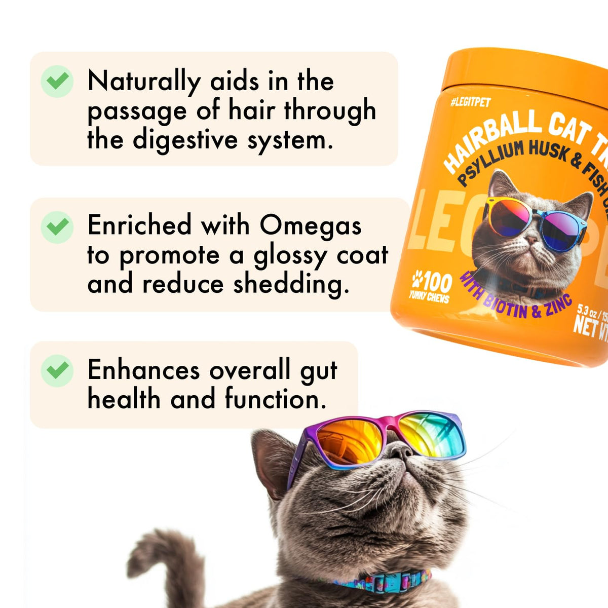Cat Hairball Supplement with Apple Pomace and Psyllium Husk 100 Chews H636