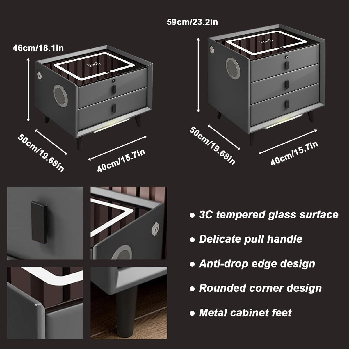 White 3 Drawer LED Nightstand with Wireless Charging V96346