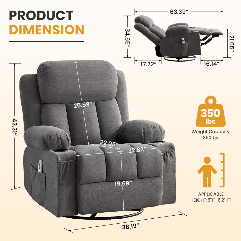 Swivel Rocker Recliner Chair with Vibration Massage & Lumbar Heating A924106