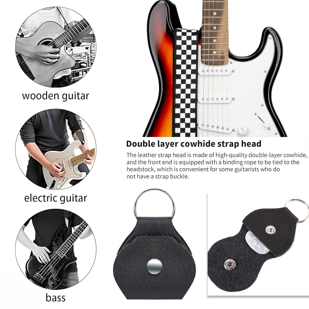 Black White Grid Guitar Strap with 3 Picks O37844