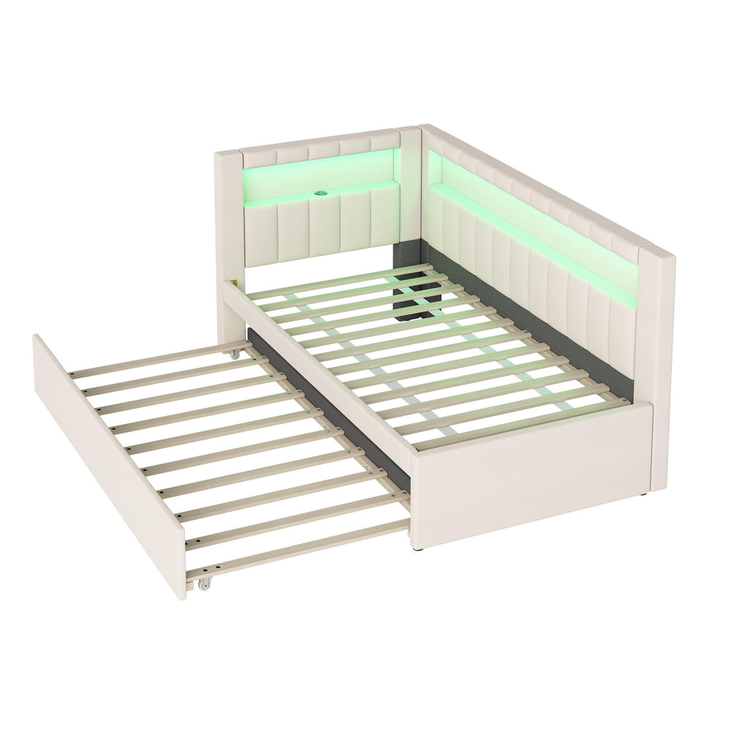 Twin Size Upholstered Daybed with Trundle and USB LED Belt R182