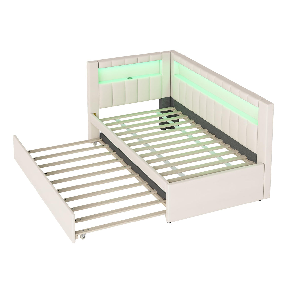Twin Size Upholstered Daybed with Trundle and USB LED Belt R182