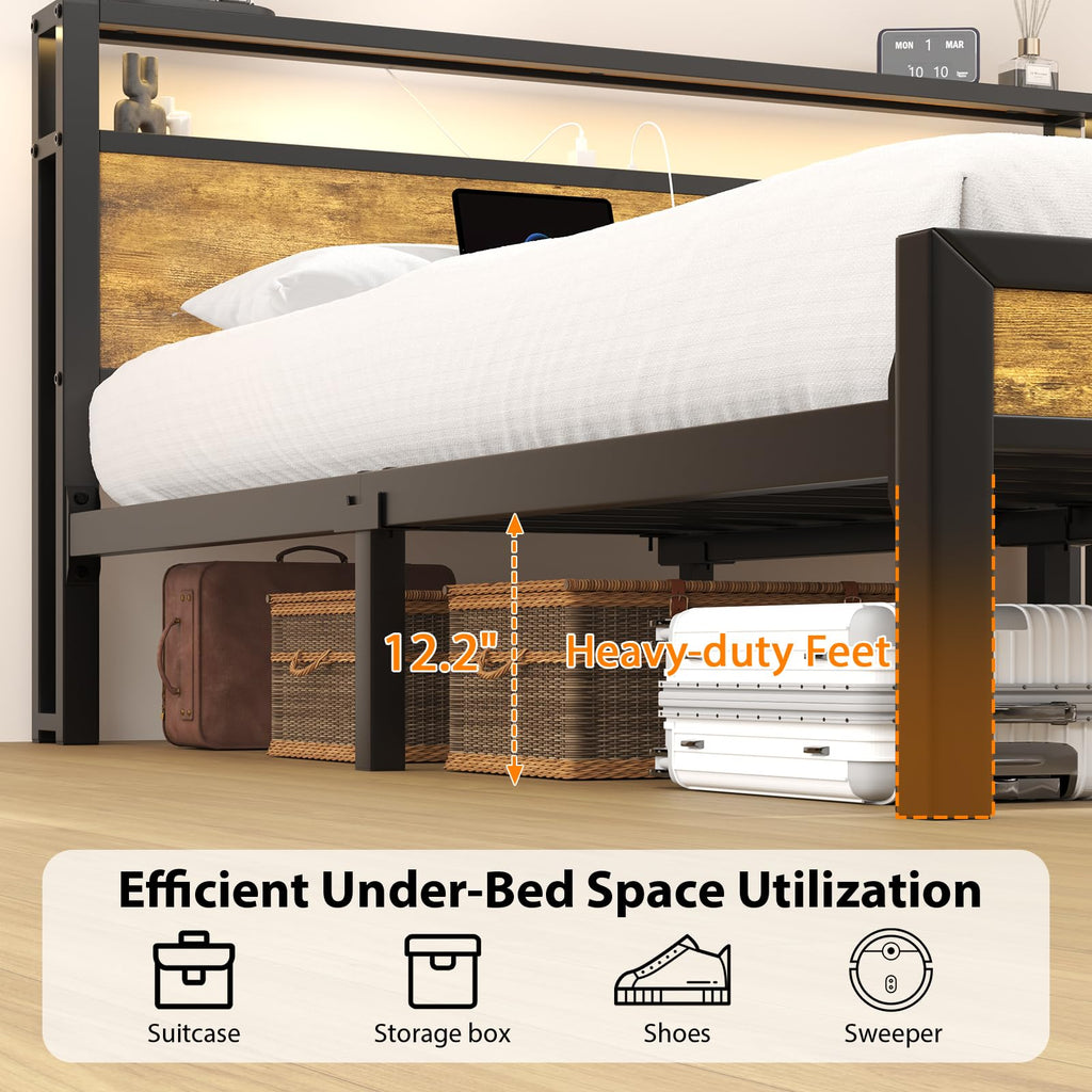 King Size Bed Frame with Storage Headboard ＆ LED Light Q832732