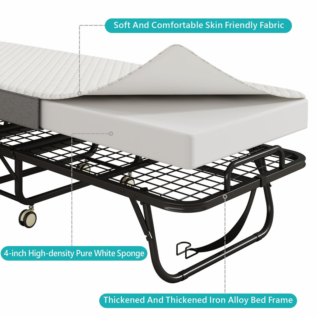 Folding Bed with Mattress, 75" x 31" Portable Rollaway Bed, Metal Frame Guest Bed with Memory Foam Mattress P920893