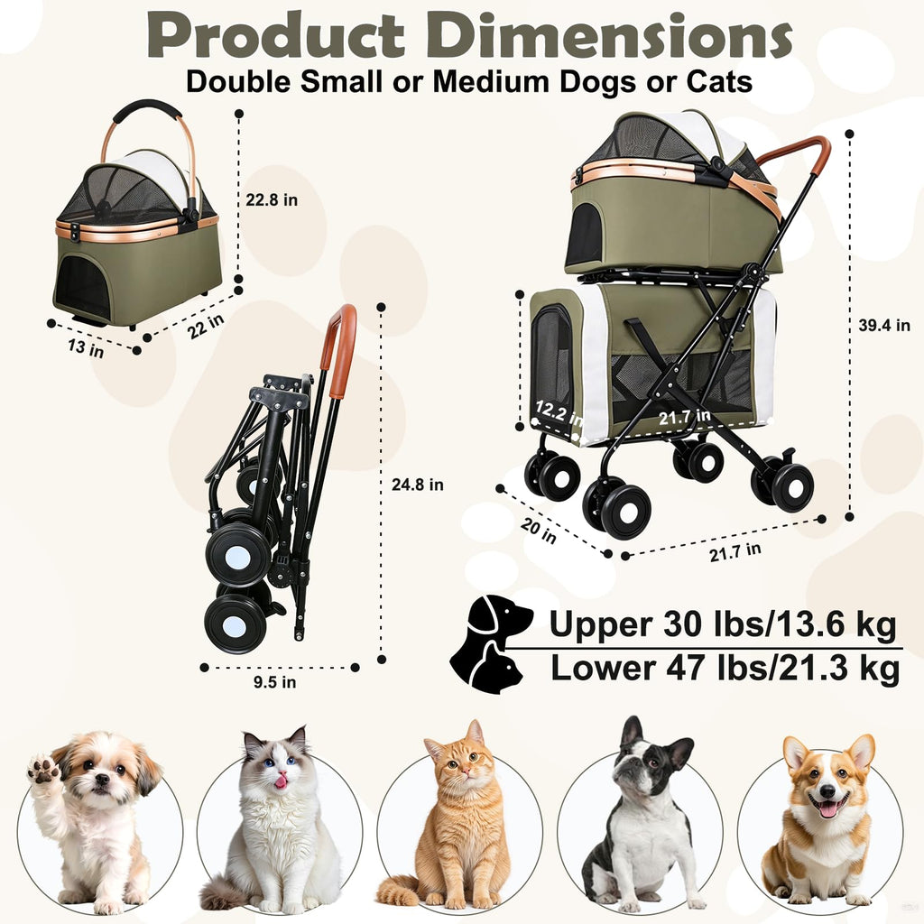 Foldable Double Pet Stroller with Detachable Carriers and 4 Lockable Wheels A736097
