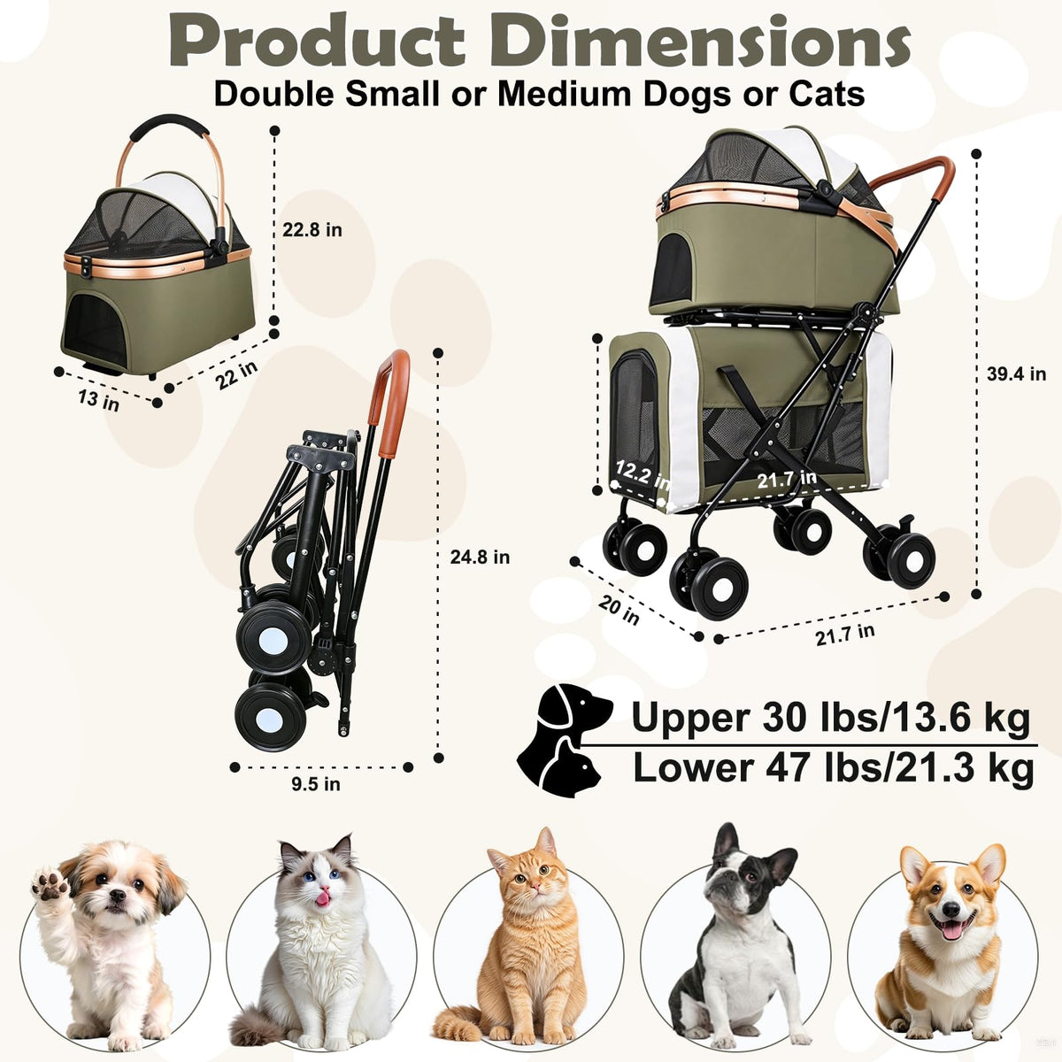 Foldable Double Pet Stroller with Detachable Carriers and 4 Lockable Wheels A736097