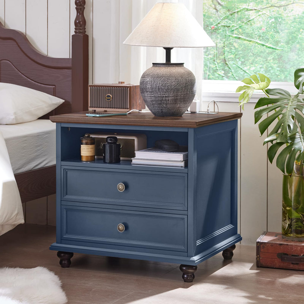 Blue 2 Drawer Nightstand Set of 2 with Charging Station F995109