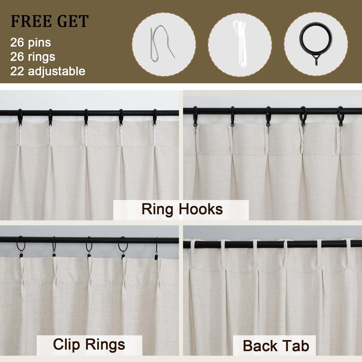 Extra Wide Pinch Pleated Curtains 90 Inches Long 2 Panels Set N857