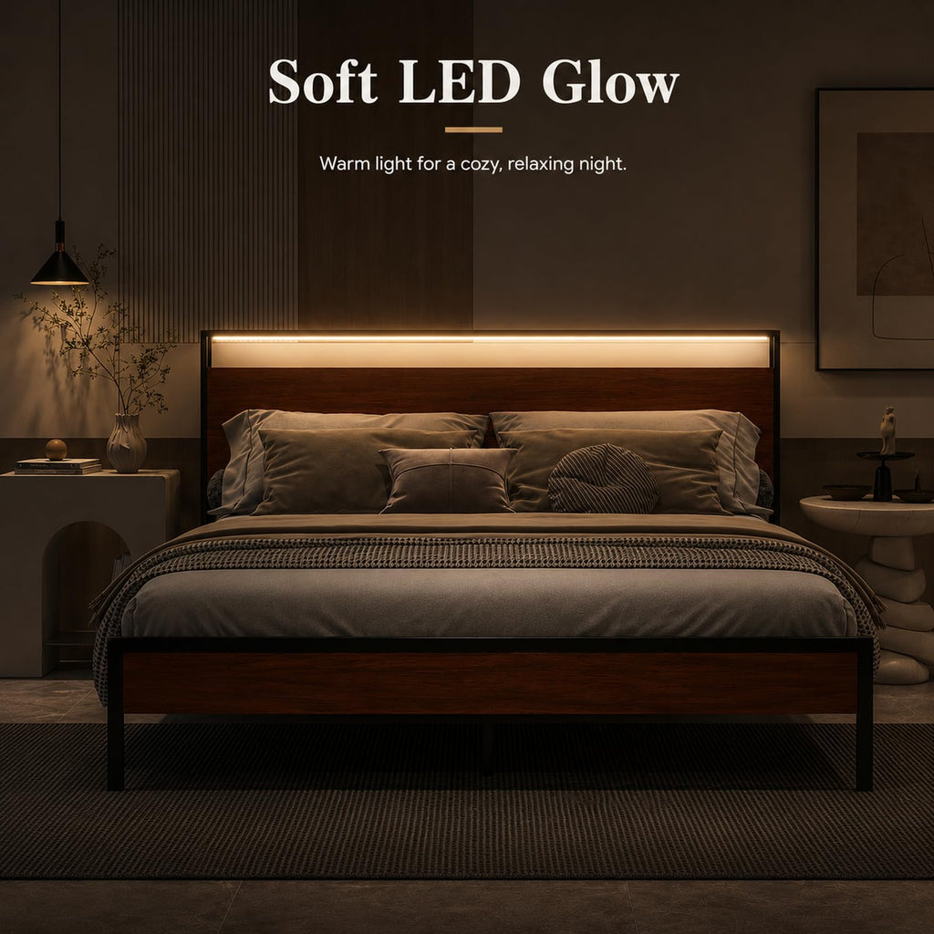 Full Size Metal Platform Bed Frame with Wood Headboard and Footboard Y94538