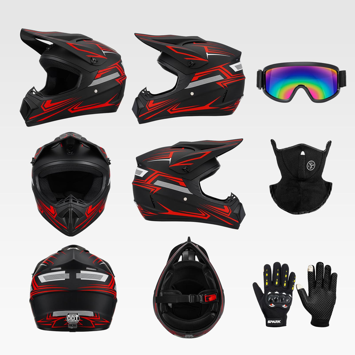 Youth Kids Full Face Motocross Helmet 4PCS Set DOT Approved Red XL D5656