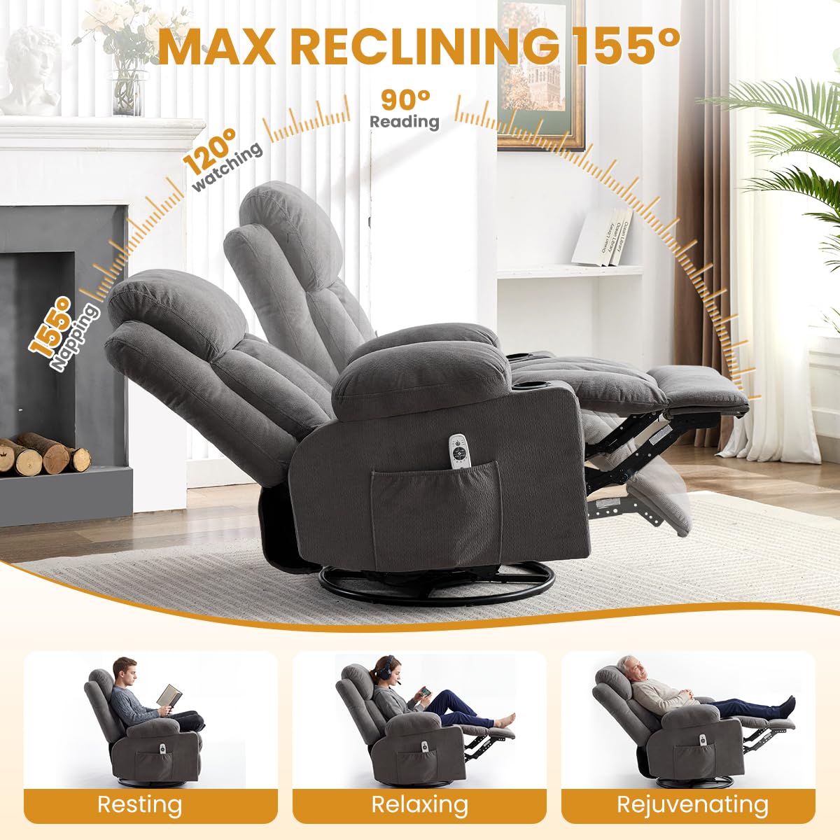Swivel Rocker Recliner Chair with Vibration Massage & Lumbar Heating A924106