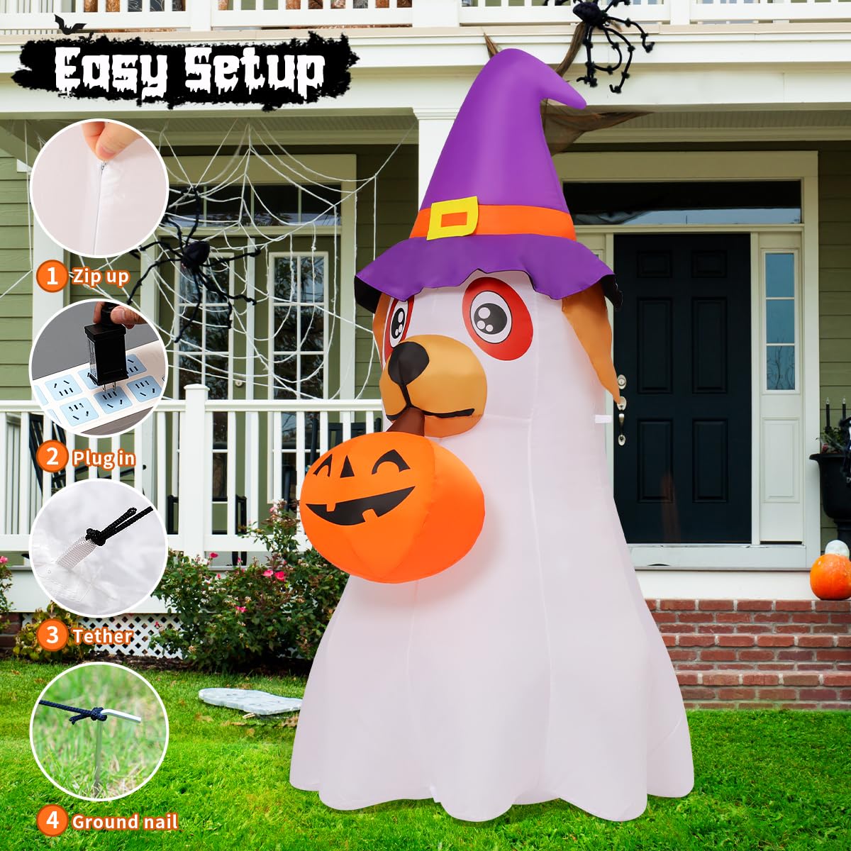 6.2 FT Halloween Inflatables Dog with Pumpkin Built-in LEDs J9876