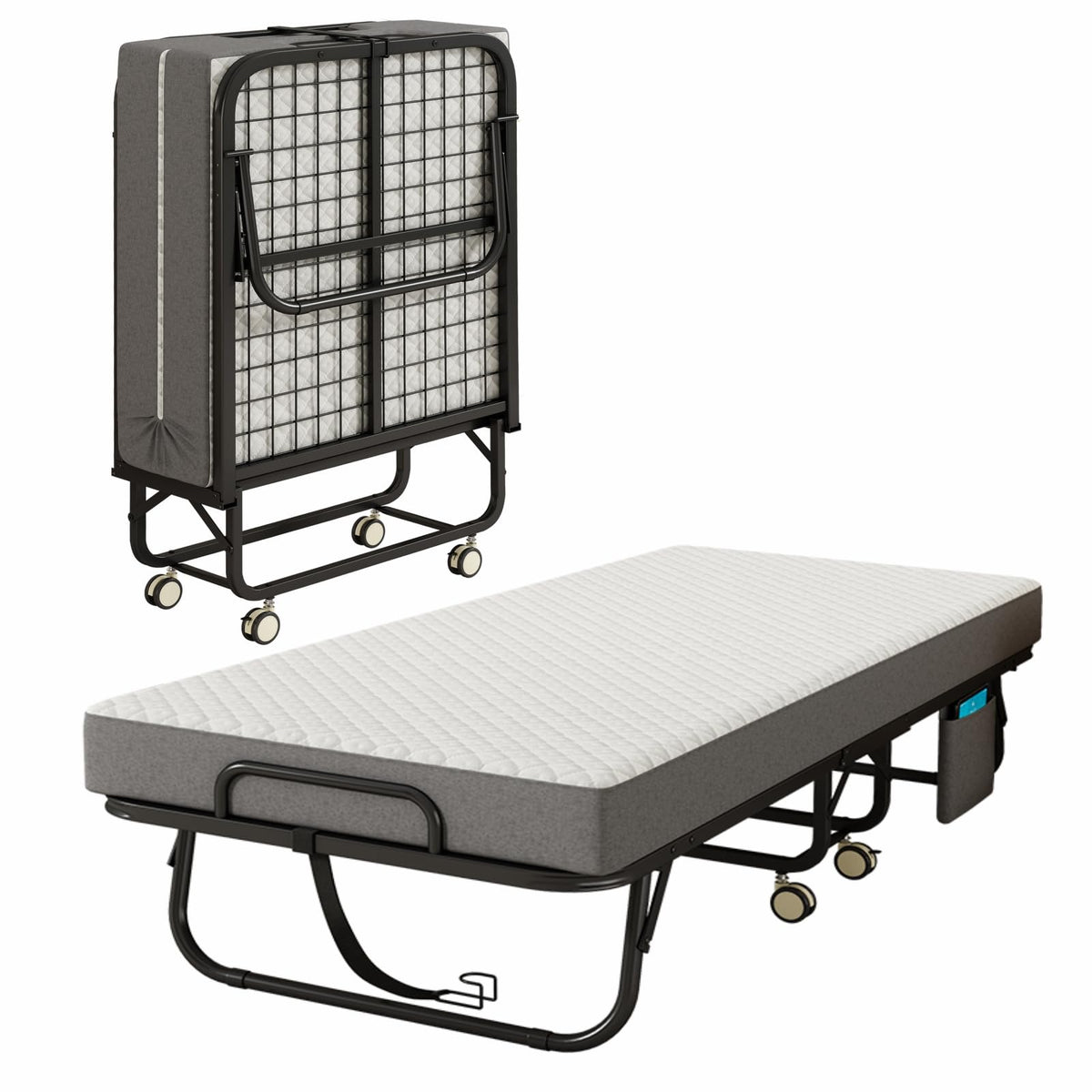 Folding Bed with Mattress, 75" x 31" Portable Rollaway Bed, Metal Frame Guest Bed with Memory Foam Mattress P920893