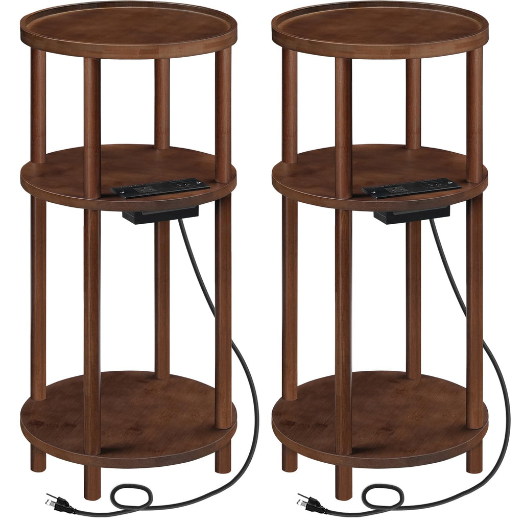 Set of 2 Round Bamboo Side Tables with Charging Station O511
