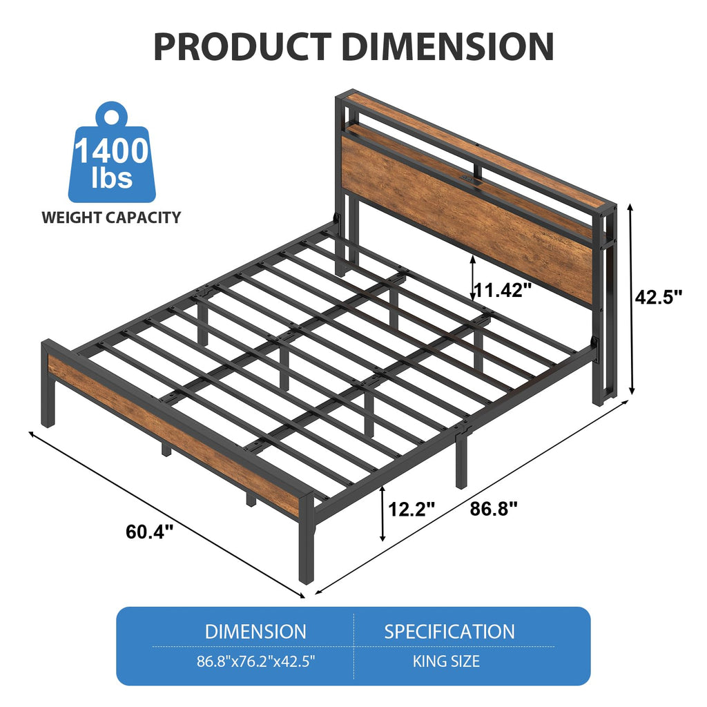 King Size Bed Frame with Storage Headboard ＆ LED Light Q832732