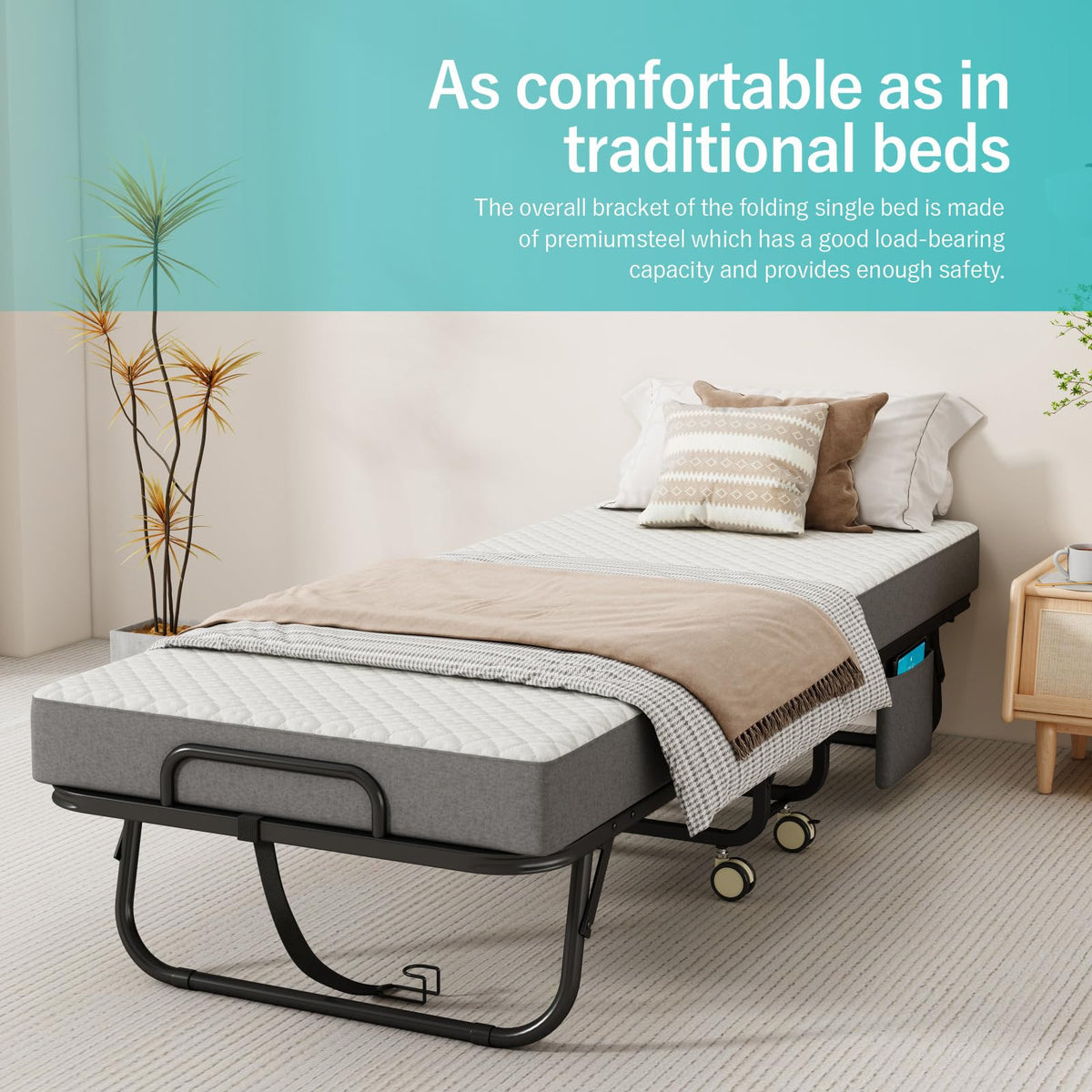 Folding Bed with Mattress, 75" x 31" Portable Rollaway Bed, Metal Frame Guest Bed with Memory Foam Mattress P920893
