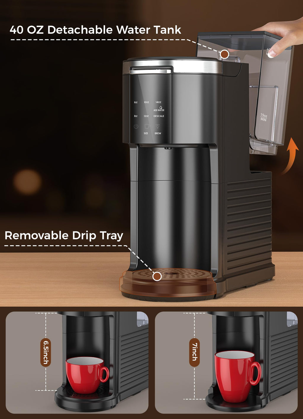 Single Serve Coffee Maker with 40 Oz Water Tank, Satin Black W7720
