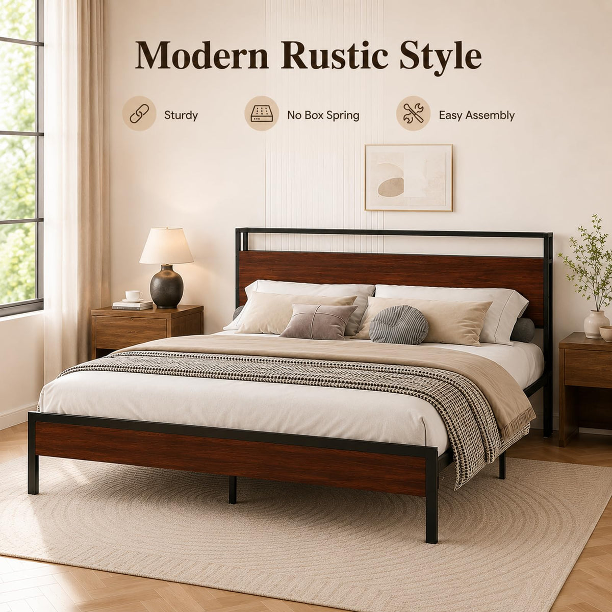 Full Size Metal Platform Bed Frame with Wood Headboard and Footboard Y94538