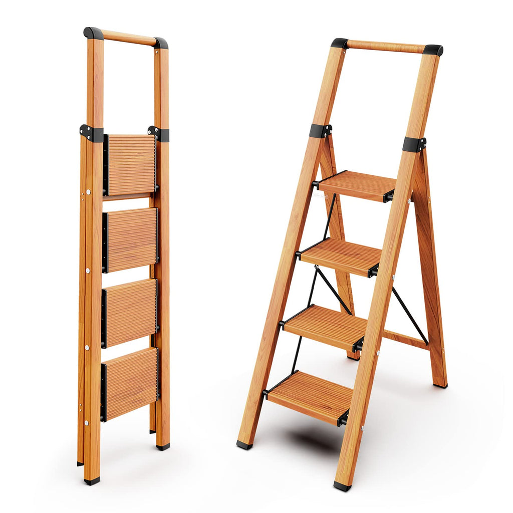 4 Step Ladders, 300lbs Load, 36'' Top Step, Wood Grain J161