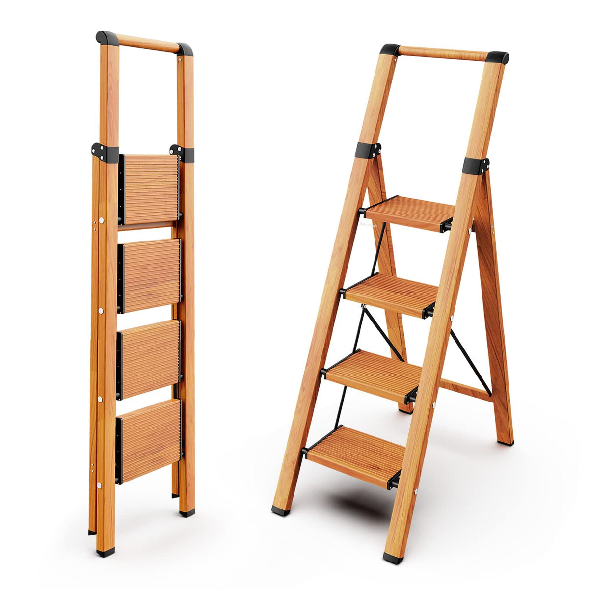 4 Step Ladders, 300lbs Load, 36'' Top Step, Wood Grain J161