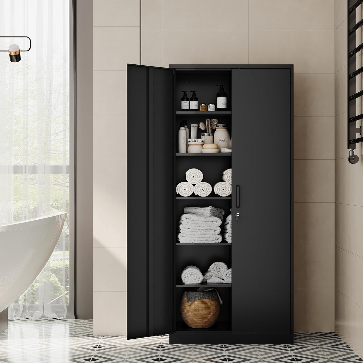 71” Tall Black Steel Storage Cabinet with Lockable Doors and Adjustable Shelves I666447