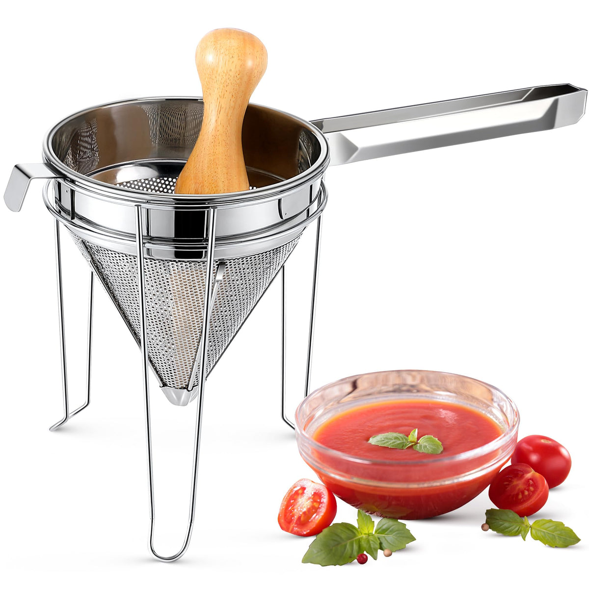 Stainless Steel Chinois Strainer with Stand and Wooden Pestle Q2250
