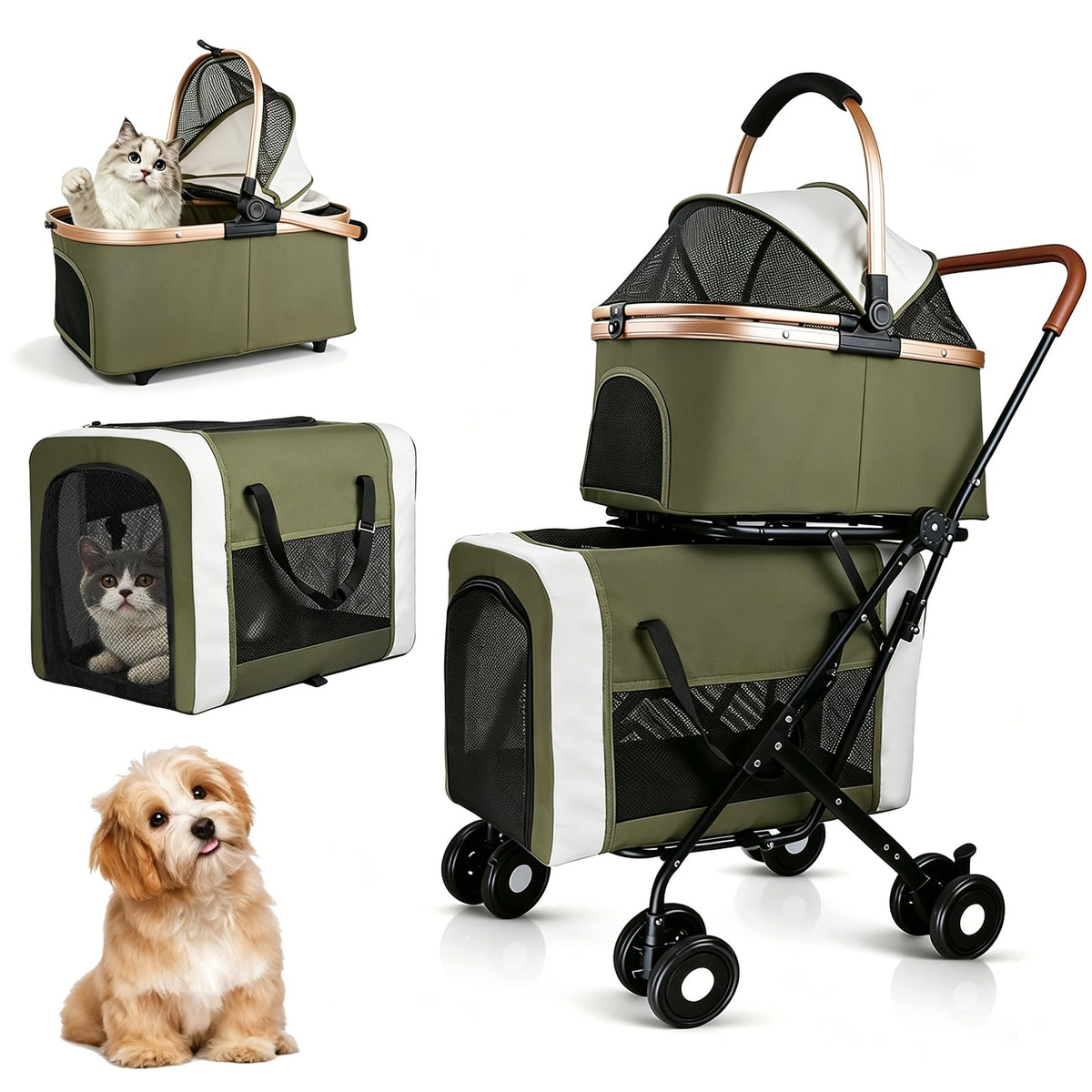 Foldable Double Pet Stroller with Detachable Carriers and 4 Lockable Wheels A736097