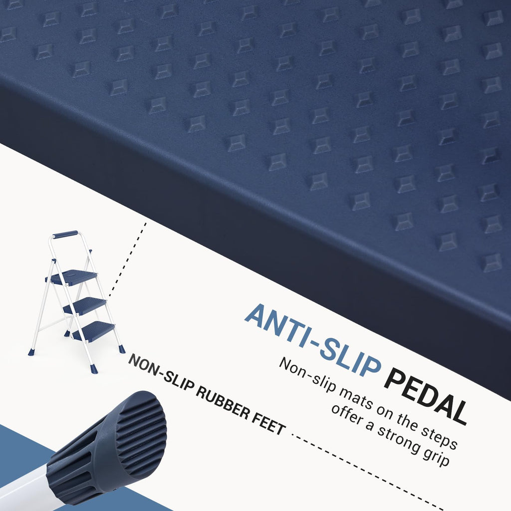 3 Step Ladder with Anti-Slip Pedal and Handrail, 500lbs Blue R8019