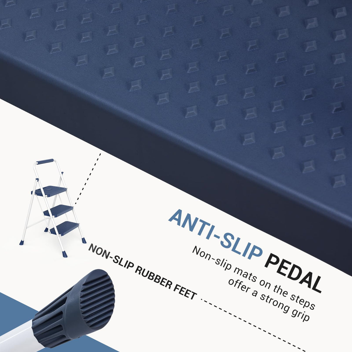 3 Step Ladder with Anti-Slip Pedal and Handrail, 500lbs Blue R8019