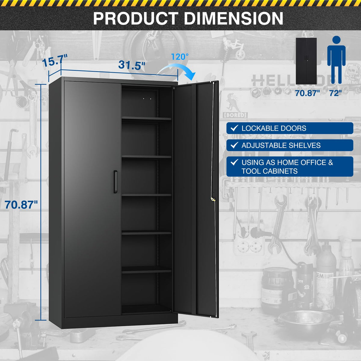 71” Tall Black Steel Storage Cabinet with Lockable Doors and Adjustable Shelves I666447