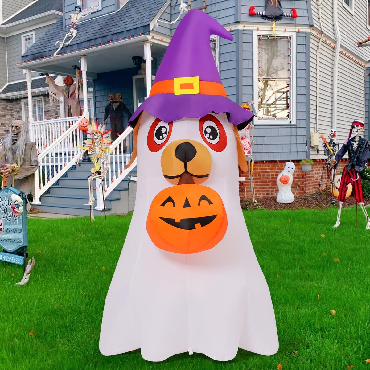 6.2 FT Halloween Inflatables Dog with Pumpkin Built-in LEDs J9876