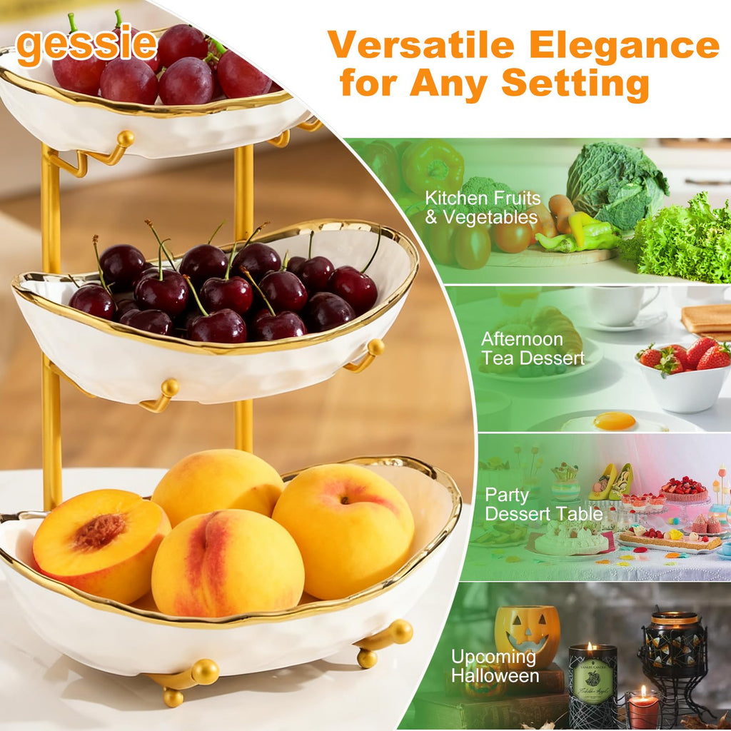3 Tier Ceramic Fruit Bowl with Gold Metal Stand T3757