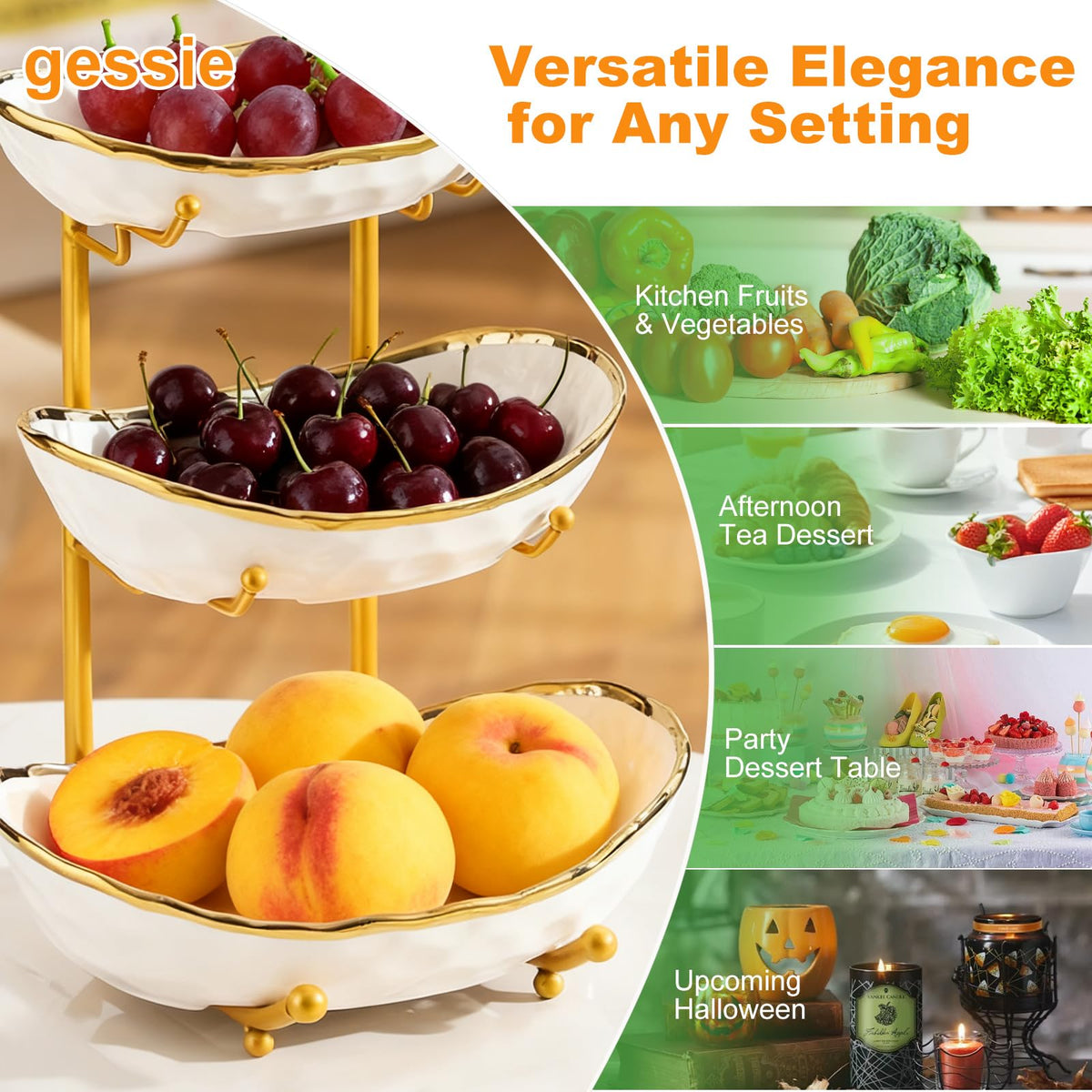 3 Tier Ceramic Fruit Bowl with Gold Metal Stand T3757