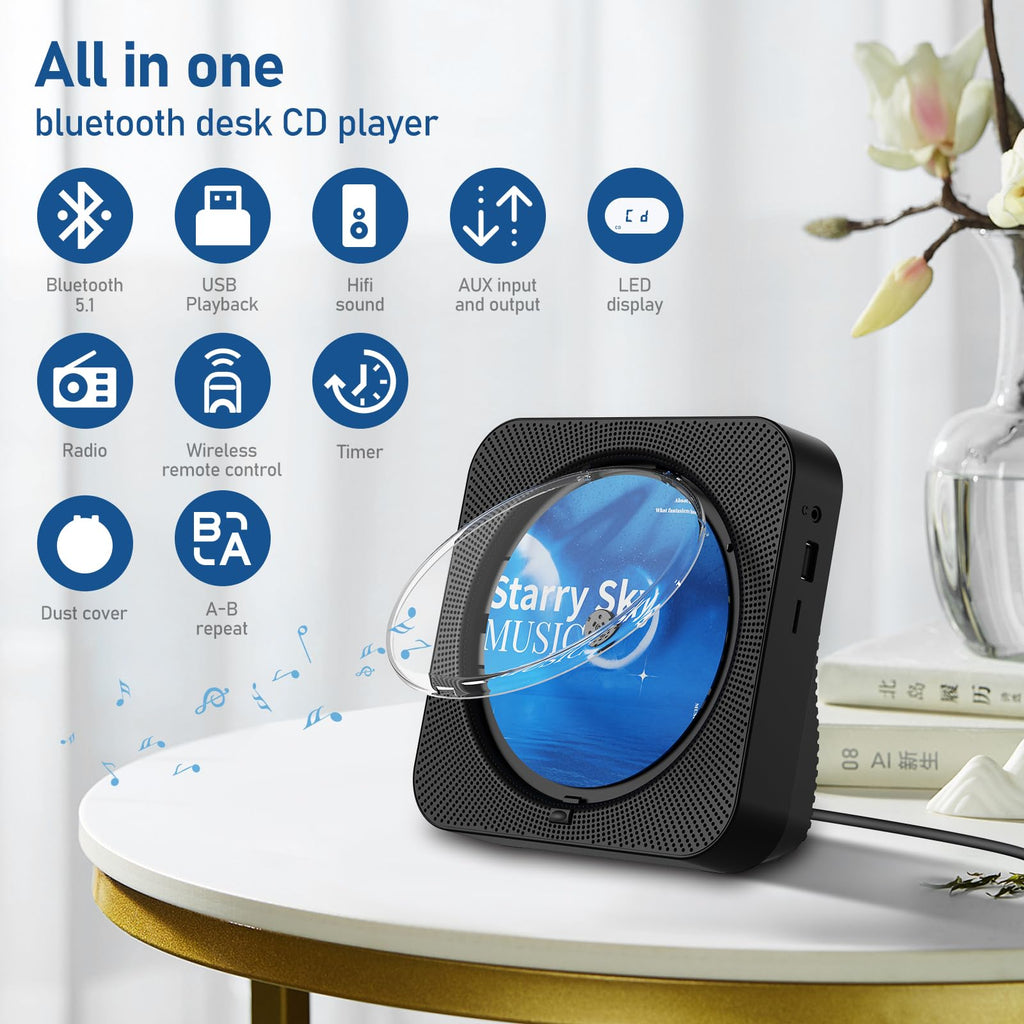 Portable Bluetooth CD Player with Speakers, Remote Control, LED Display, FM Radio, USB/AUX (Black) X697795