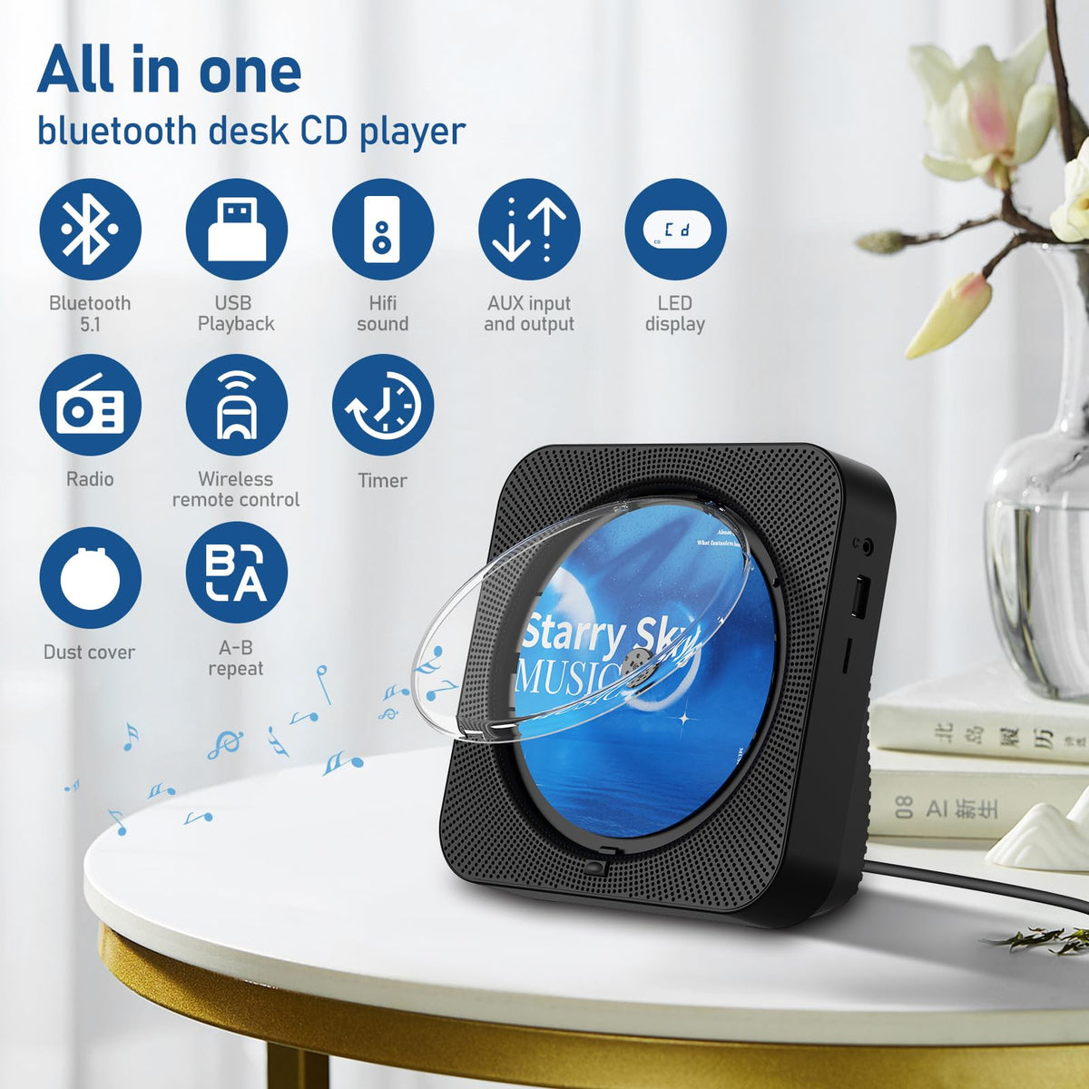 Portable Bluetooth CD Player with Speakers, Remote Control, LED Display, FM Radio, USB/AUX (Black) X697795