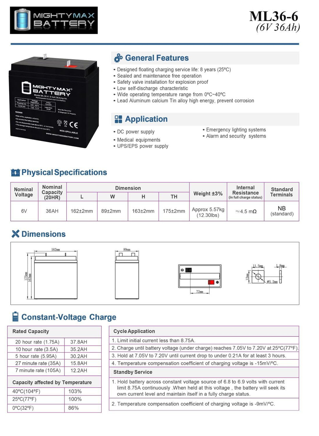 6 Volt 36 AH Rechargeable SLA AGM Battery 4 Pack Z3850