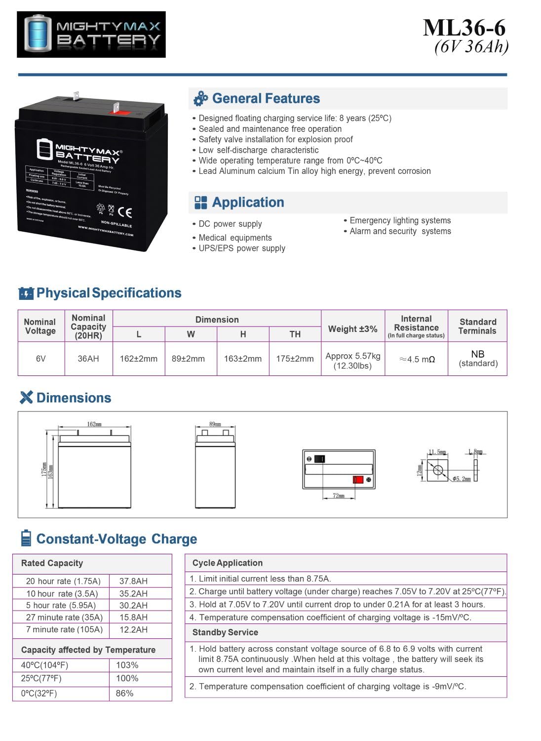 6 Volt 36 AH Rechargeable SLA AGM Battery 4 Pack Z3850