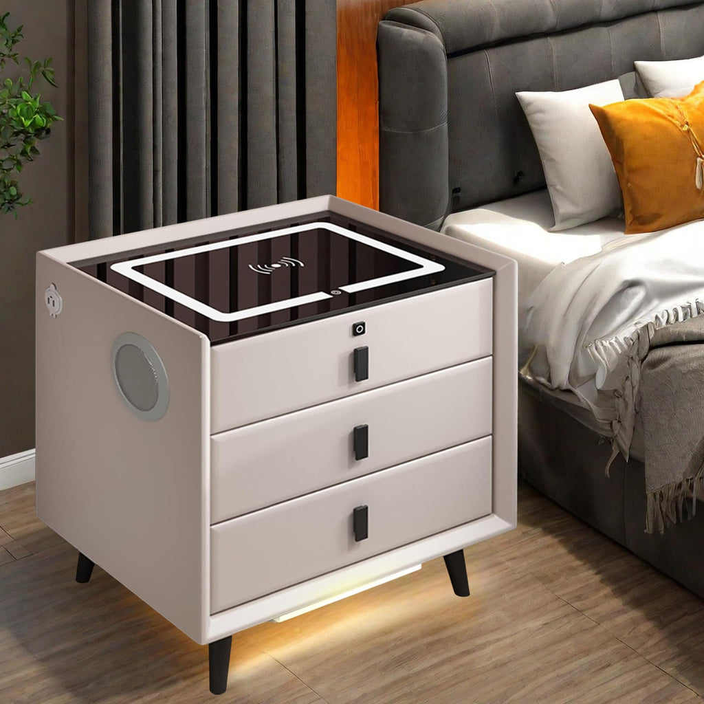 White 3 Drawer LED Nightstand with Wireless Charging V96346