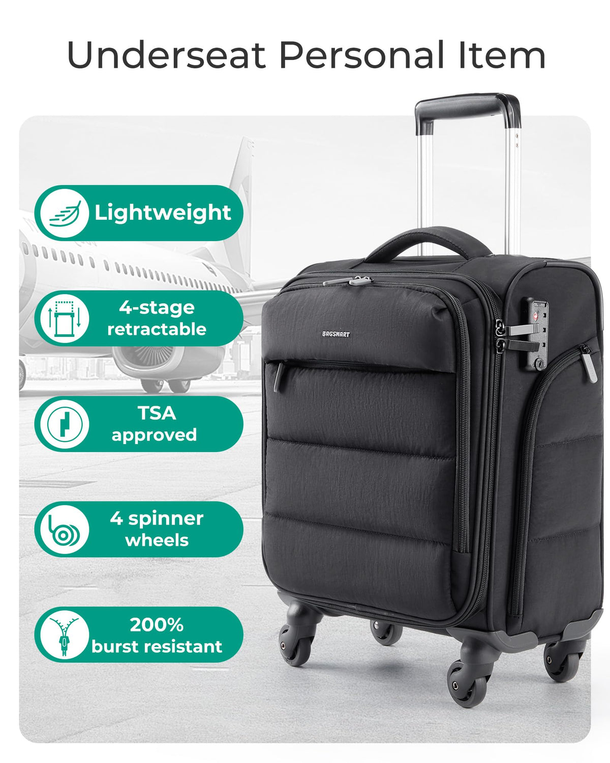 Black Softside Underseat Suitcase with Wheels F5899