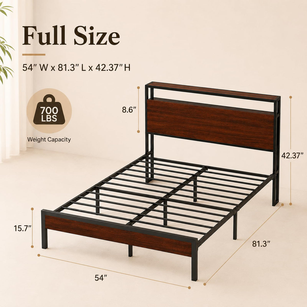 Full Size Metal Platform Bed Frame with Wood Headboard and Footboard Y94538