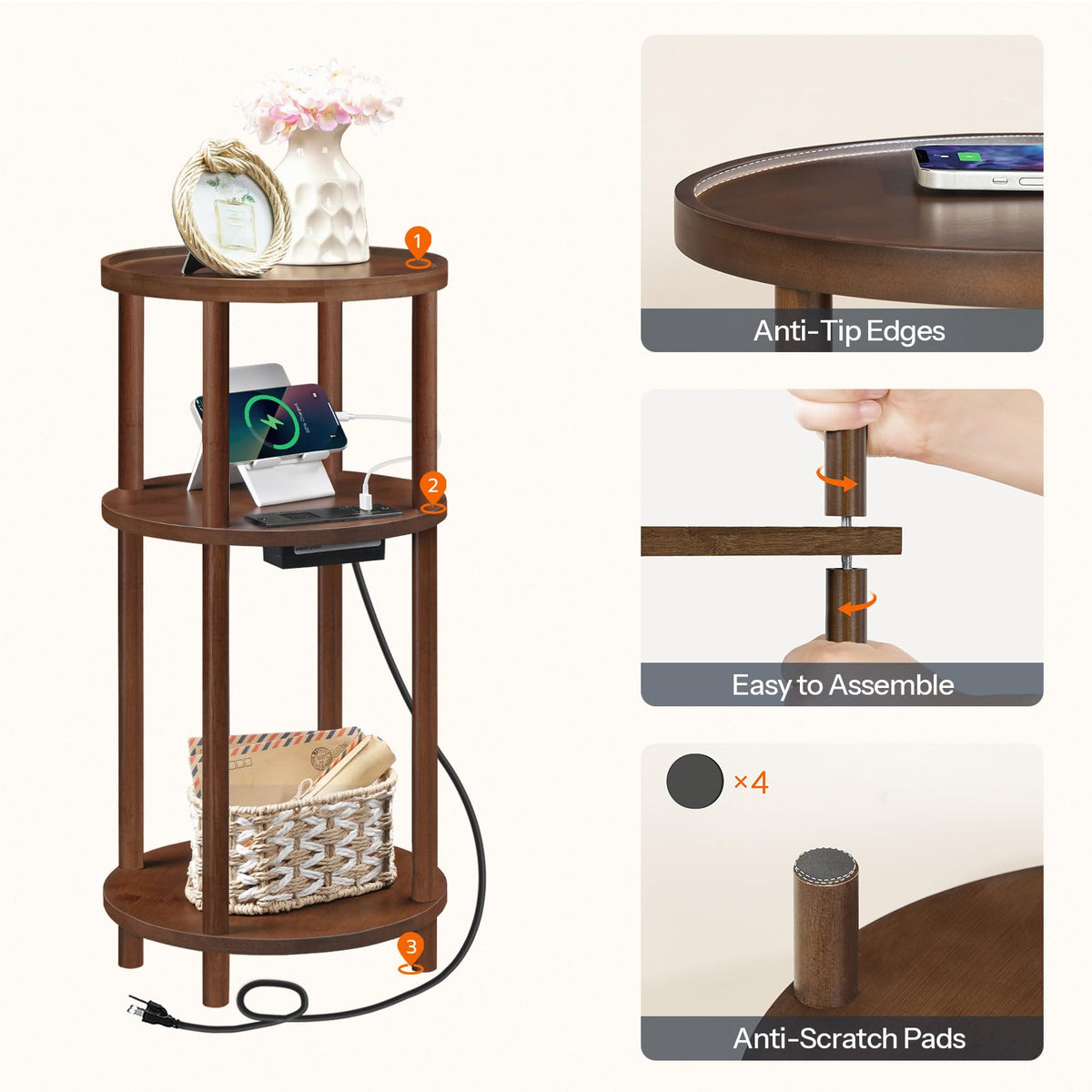Set of 2 Round Bamboo Side Tables with Charging Station O511