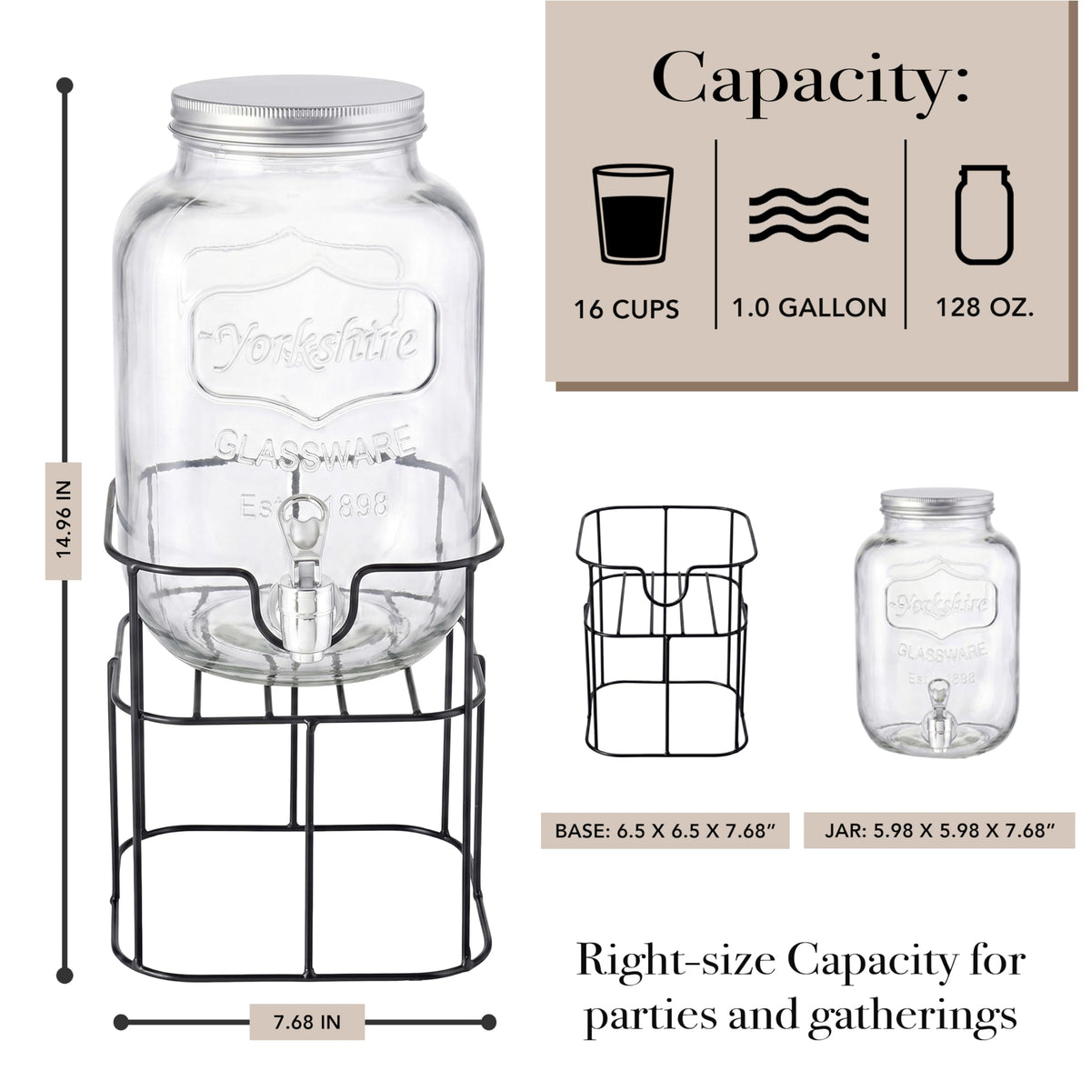 Mason Jar Glass Beverage Dispenser with Metal Stand, 1 Gal G14637