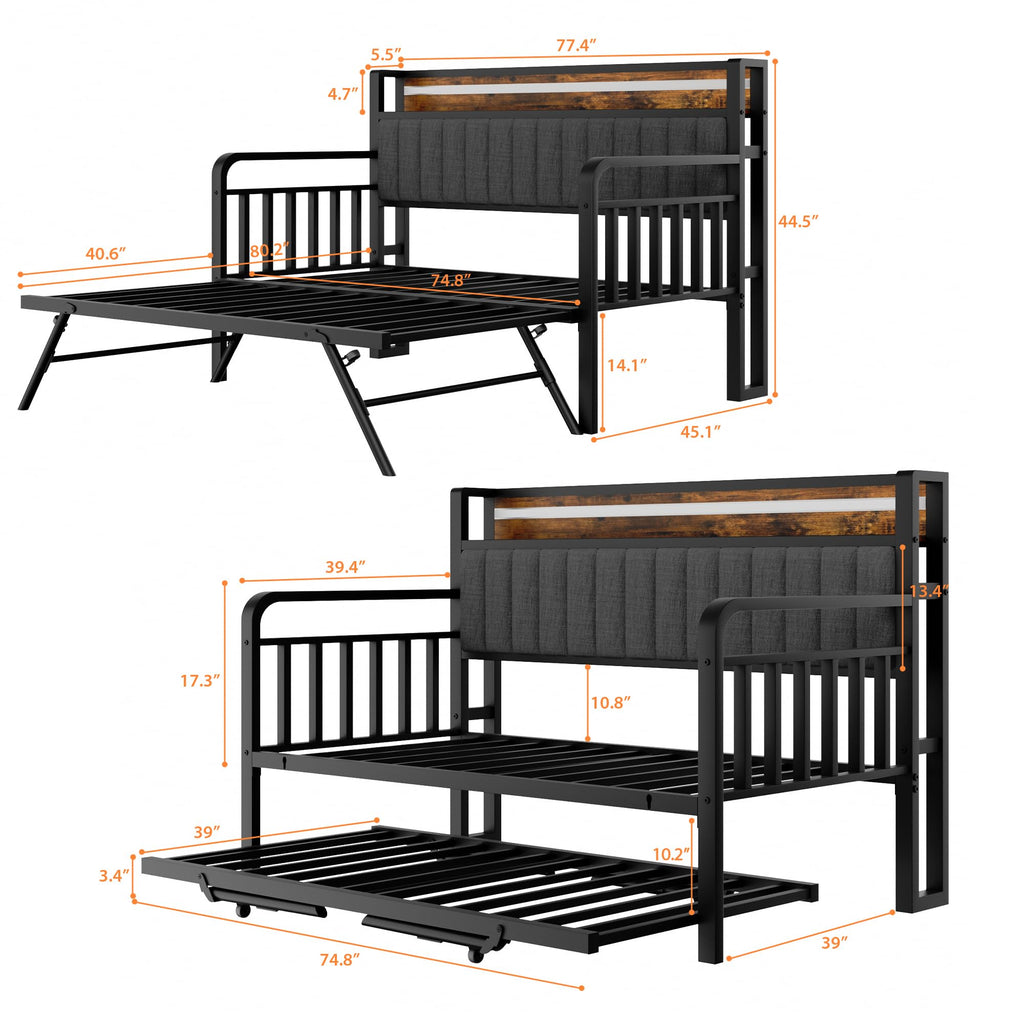 Brown Metal Daybed with Trundle and Storage Headboard H60721