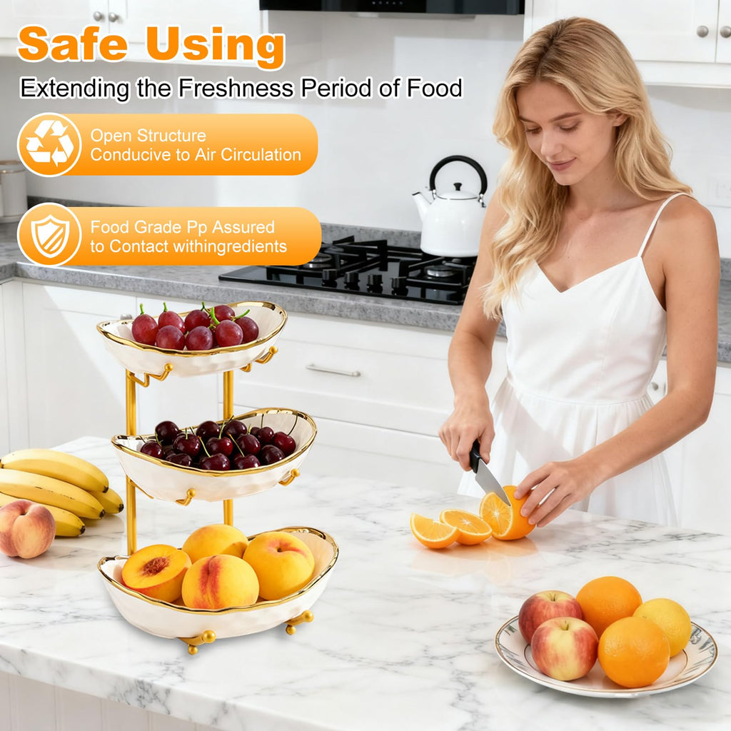 3 Tier Ceramic Fruit Bowl with Gold Metal Stand T3757